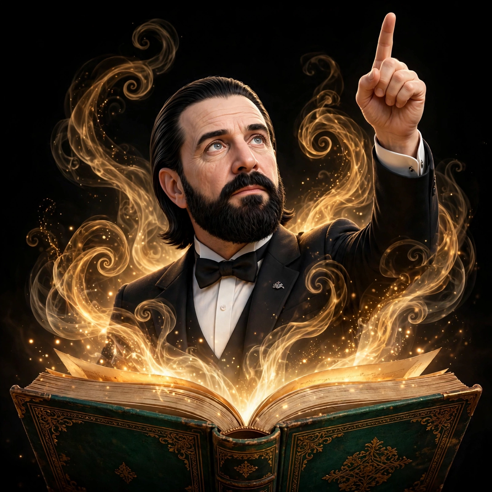 B.J. Palmer rising from an open Green Book, developer of chiropractic